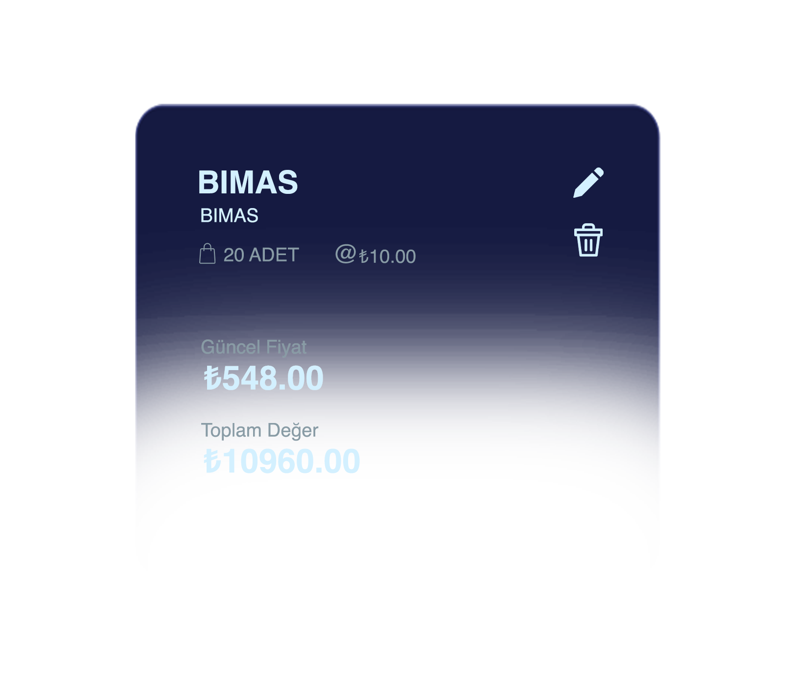 BIMAS ürünü için 20 adet, birim fiyatı 10 Türk Lirası, güncel fiyat 548 TL, toplam değer 10960 TL.